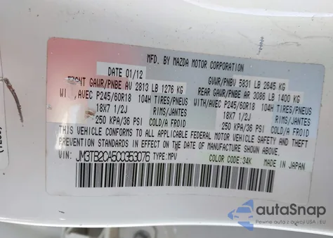 2012 Mazda Cx-9 Touring z USA, uszkodzony, nr VIN JM3TB2CA5C0353076